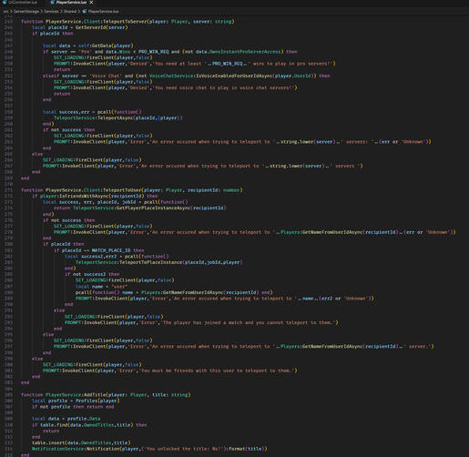A snippet of my player service that encompasses adding titles to the user by saving data, and also handling player requests to teleport to a specific server or player