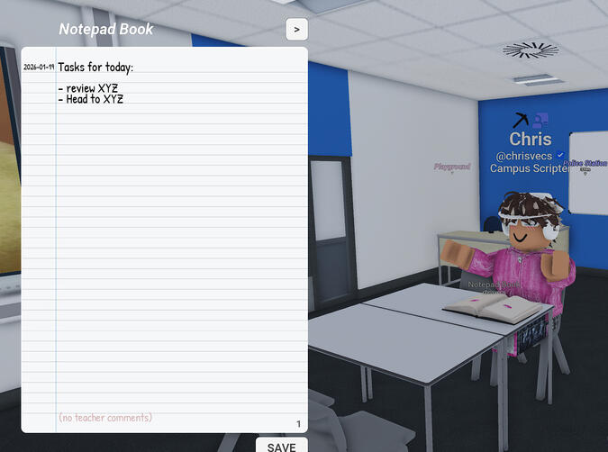 Book system which supports different subjects. Teachers can also mark other students work. The book displays on the table if the user is sitting.