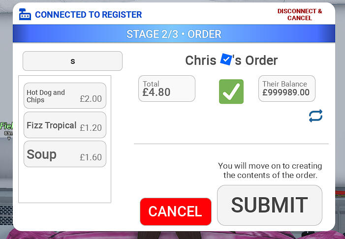 Kitchen panel, where a user can be selected and an order can be made for them if they have enough money on their account.