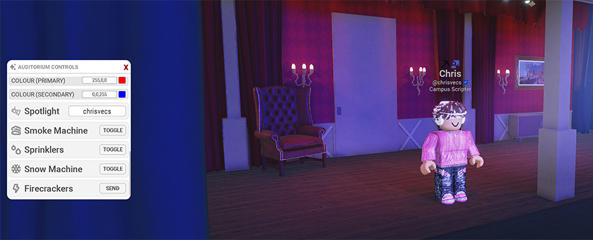 The admin panel lets you control the auditorium, including spotlights, colors and events. Made to be modular.