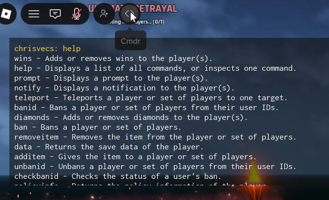 Cmdr is a professional-level commands system - it's been set up here to work with the game and use custom type checking
