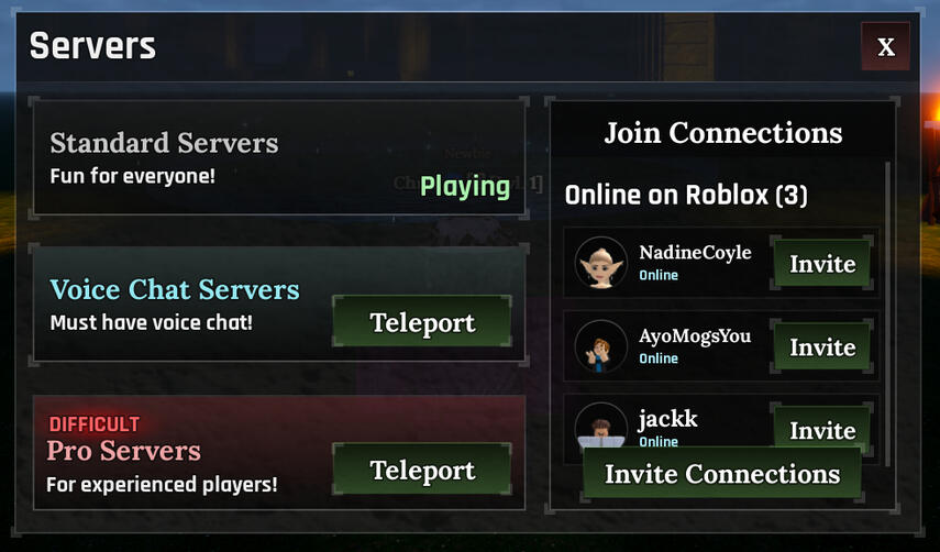 Server UI that shows the three different servers that can be joined and a join connections tab, that either shows users as 'Online' or 'in XYZ servers' with options to invite/join them and improve player retention